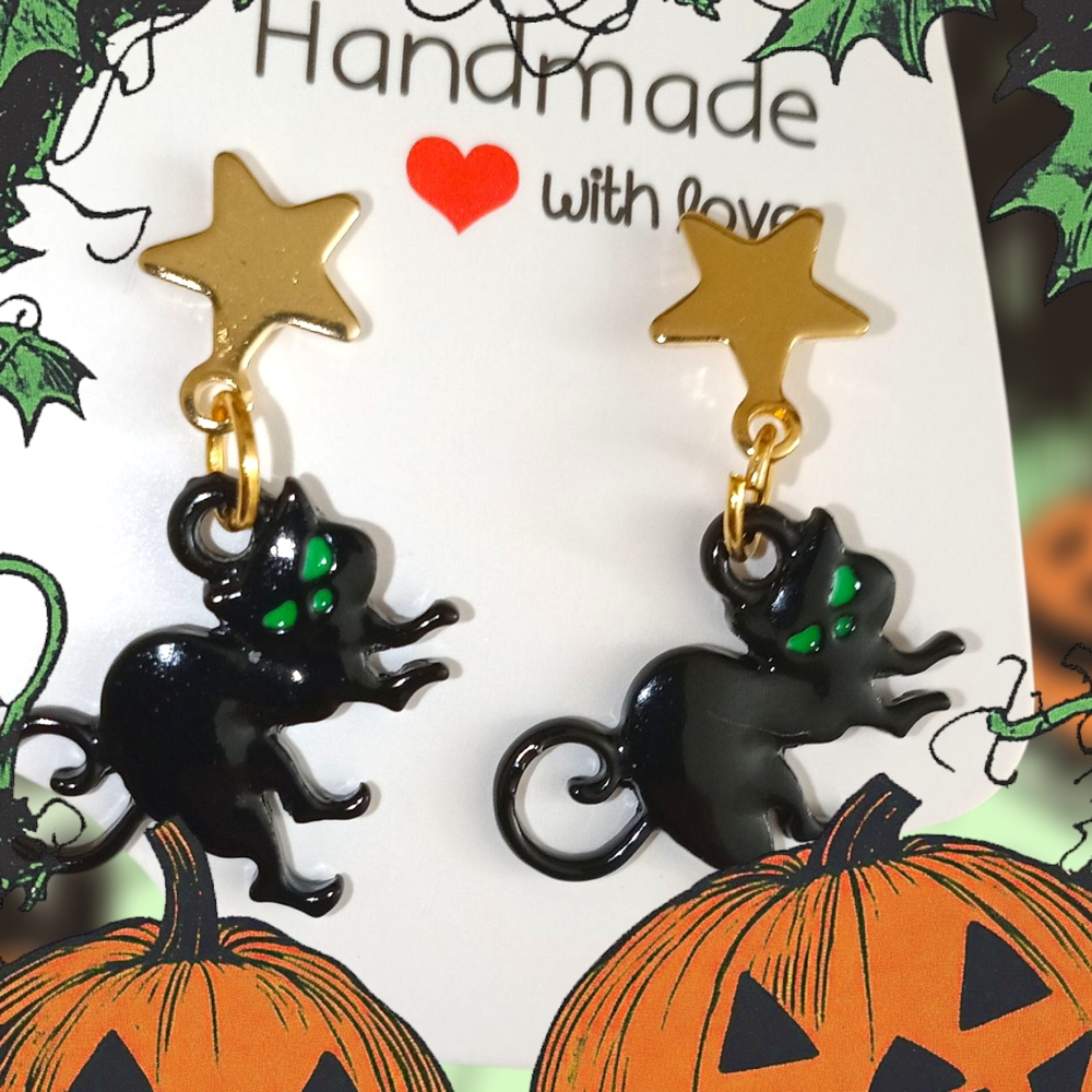 Handmade Black Cat and Gold Star Earrings